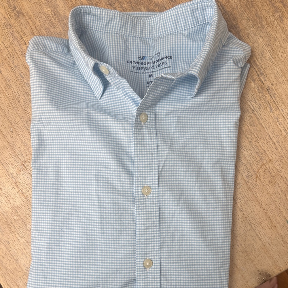 Vineyard Vines Light Blue Checkered Shirt. On the Go performance.